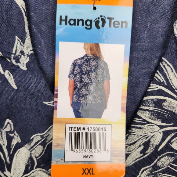 Hang Ten Navy Floral Button Up Short Sleeve Linen Shirt Top Resortwear 2X NWT - Picture 7 of 10